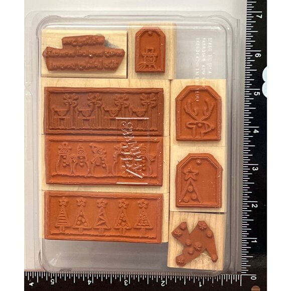 2006 STAMPIN' UP! FESTIVE FAVORITES WOOD MOUNTED RUBBER STAMP SET OF 8 HOLIDAY - Picture 3 of 5